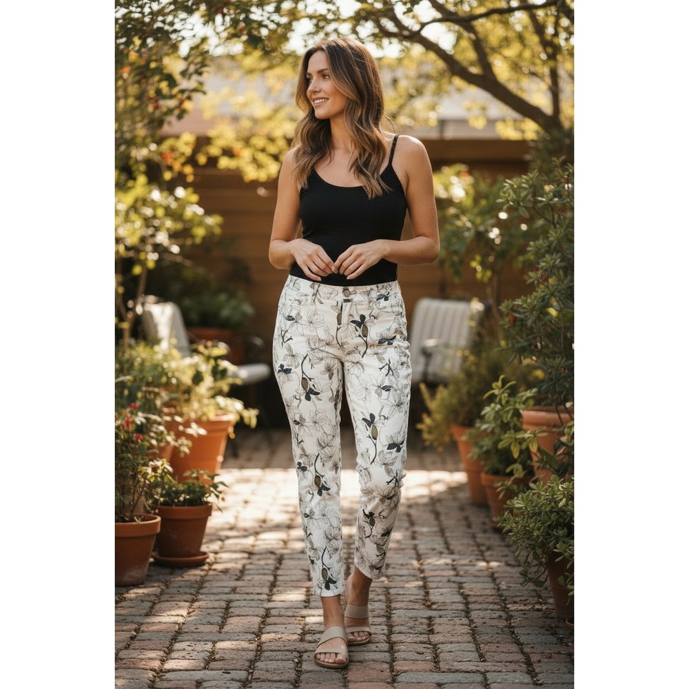 Buffalo David Bitton Floral Print Skinny Ankle Pants White Casual Size 4/27